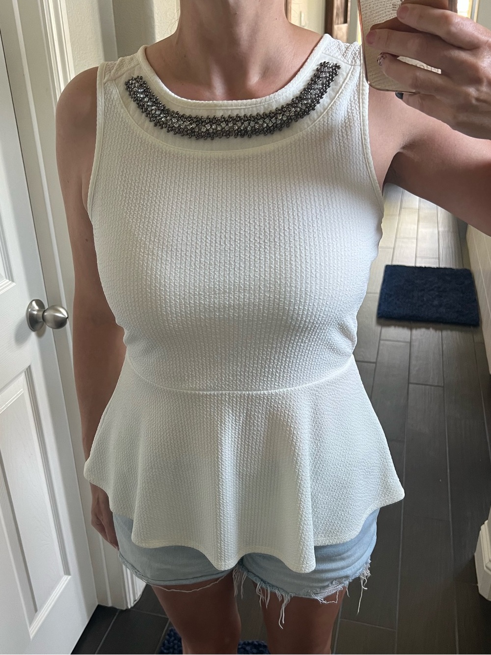 Socialite White Sleeveless Peplum Tank with Beaded Collar